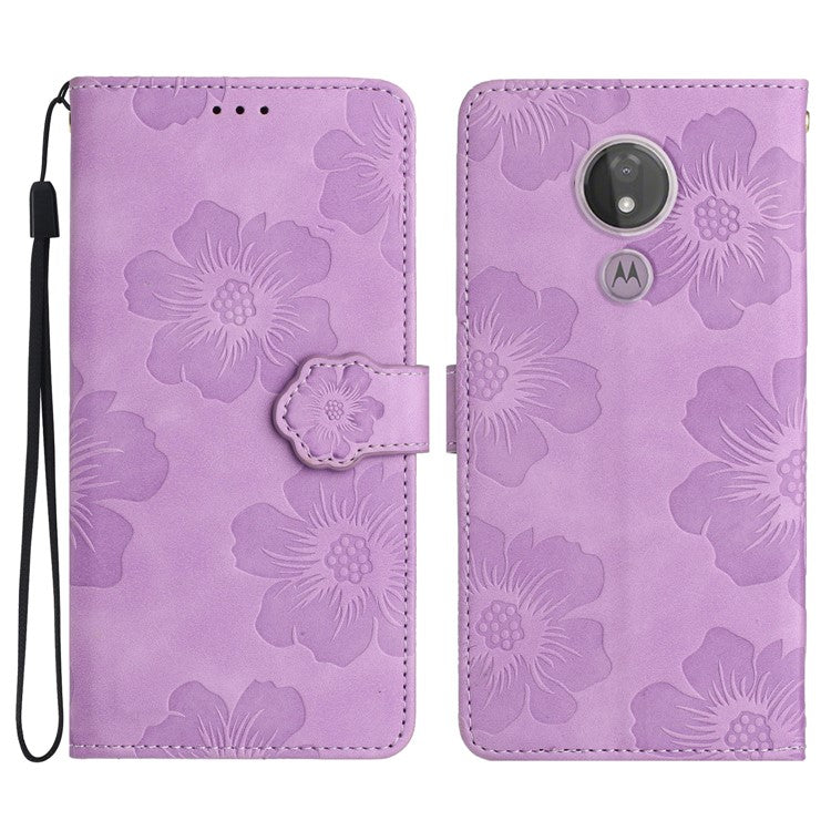 For Motorola Moto G7 Power (EU Version) PU Leather Phone Cover Flowers Imprinted Case with Stand Wallet - Purple
