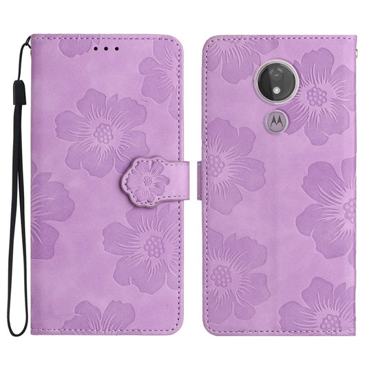 For Motorola Moto G7 Power (EU Version) PU Leather Phone Cover Flowers Imprinted Case with Stand Wallet - Purple