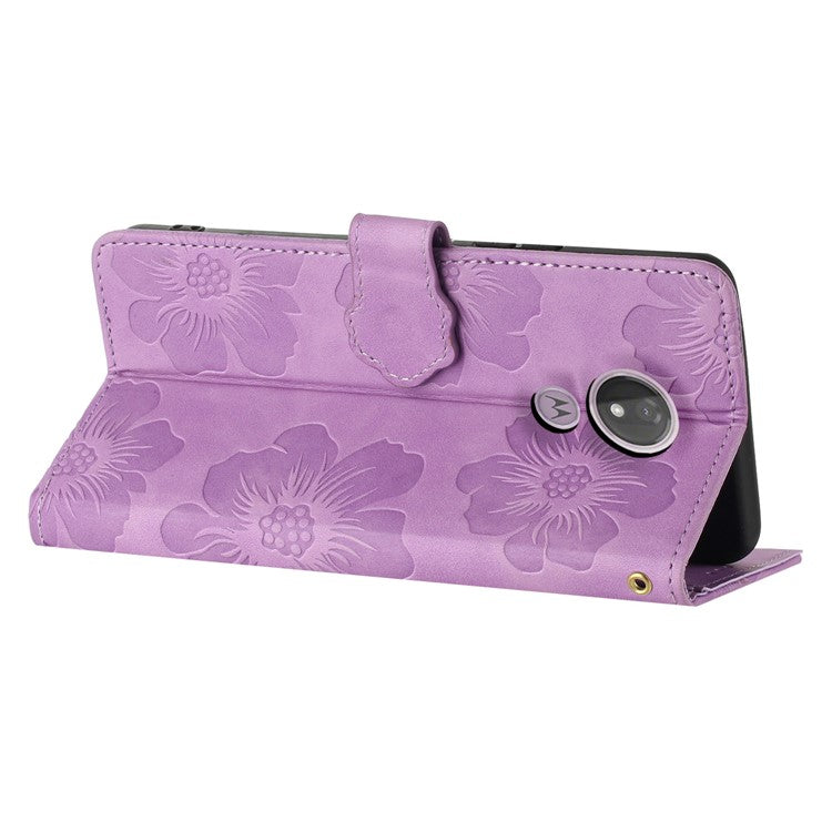 For Motorola Moto G7 Power (EU Version) PU Leather Phone Cover Flowers Imprinted Case with Stand Wallet - Purple