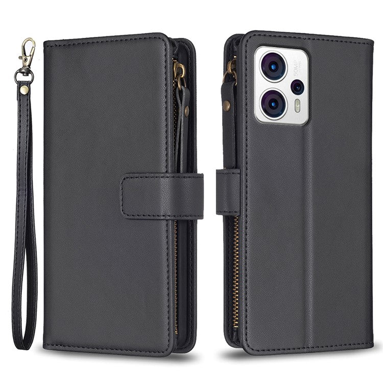 BF Style-19 for Motorola Moto G13 4G / G23 4G / G53 5G PU Leather Cell Phone Cover Wallet Stand Zipper Pocket Phone Case - Black