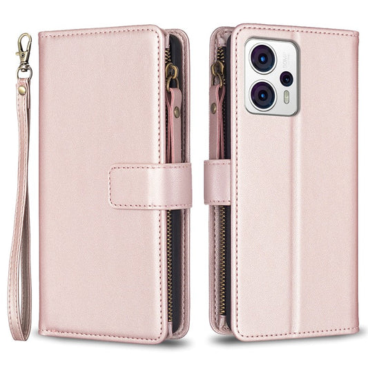 BF Style-19 for Motorola Moto G13 4G / G23 4G / G53 5G PU Leather Cell Phone Cover Wallet Stand Zipper Pocket Phone Case - Rose Gold