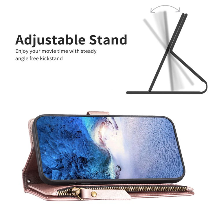 BF Style-19 for Motorola Moto G13 4G / G23 4G / G53 5G PU Leather Cell Phone Cover Wallet Stand Zipper Pocket Phone Case - Rose Gold