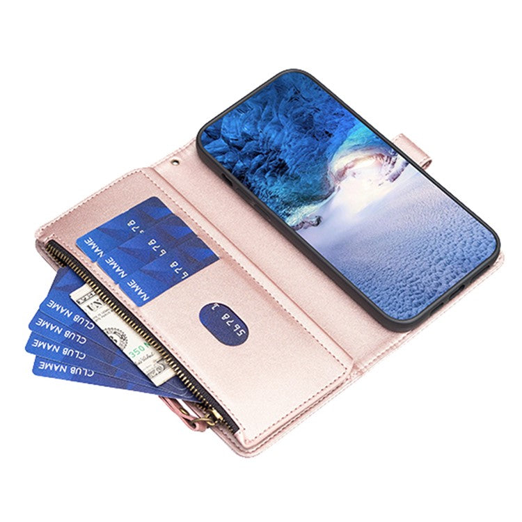 BF Style-19 for Motorola Moto G13 4G / G23 4G / G53 5G PU Leather Cell Phone Cover Wallet Stand Zipper Pocket Phone Case - Rose Gold