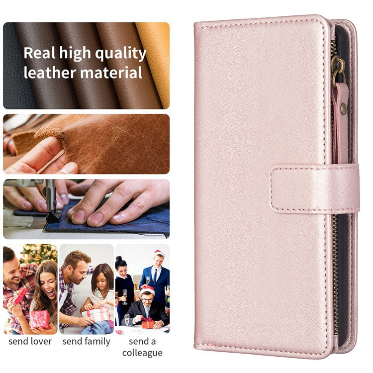 BF Style-19 for Motorola Moto G13 4G / G23 4G / G53 5G PU Leather Cell Phone Cover Wallet Stand Zipper Pocket Phone Case - Rose Gold