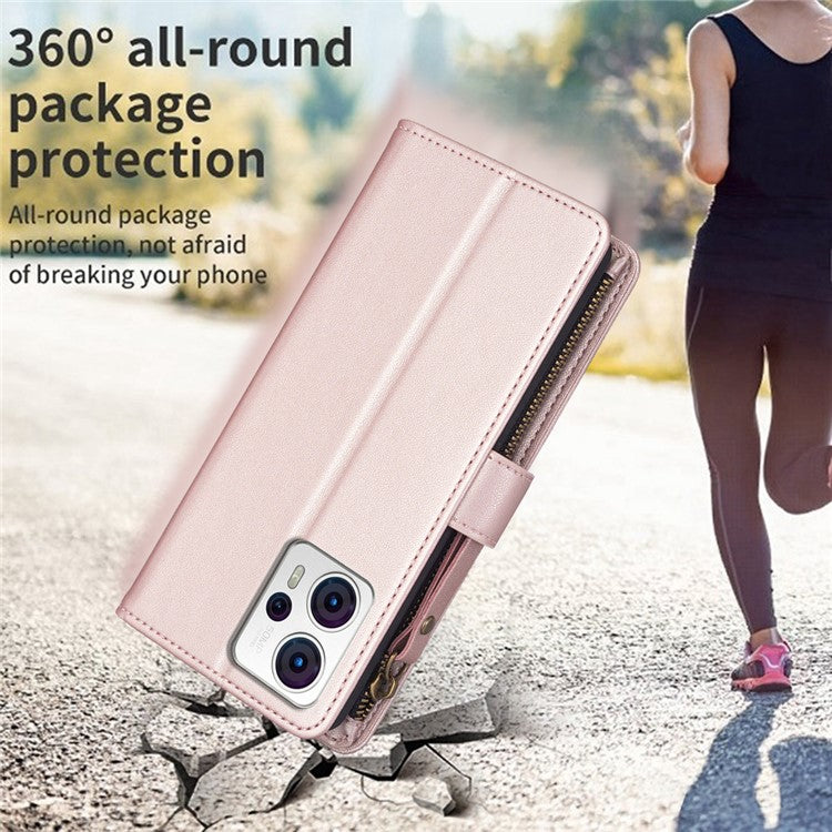 BF Style-19 for Motorola Moto G13 4G / G23 4G / G53 5G PU Leather Cell Phone Cover Wallet Stand Zipper Pocket Phone Case - Rose Gold