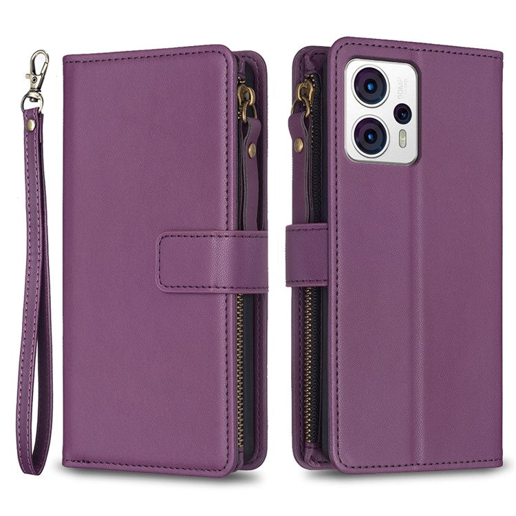 BF Style-19 for Motorola Moto G13 4G / G23 4G / G53 5G PU Leather Cell Phone Cover Wallet Stand Zipper Pocket Phone Case - Dark Purple
