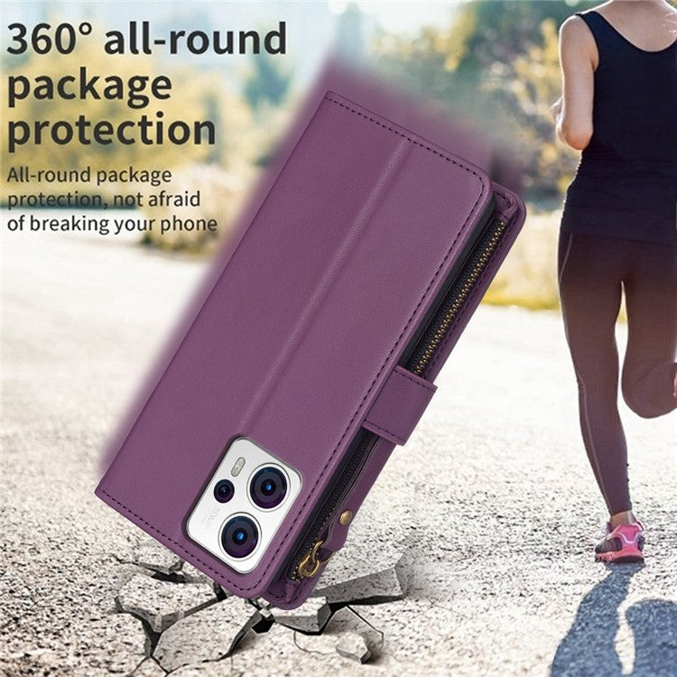 BF Style-19 for Motorola Moto G13 4G / G23 4G / G53 5G PU Leather Cell Phone Cover Wallet Stand Zipper Pocket Phone Case - Dark Purple