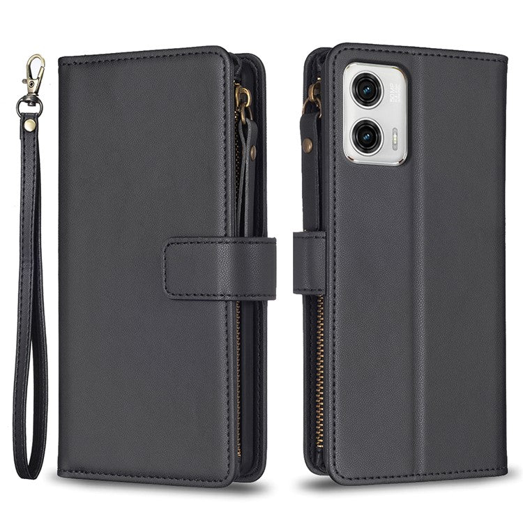 BF19 For Motorola Moto G73 5G Smartphone Case Anti-Scratch Shell PU Leather Wallet Stand Zippered Phone Cover - Black