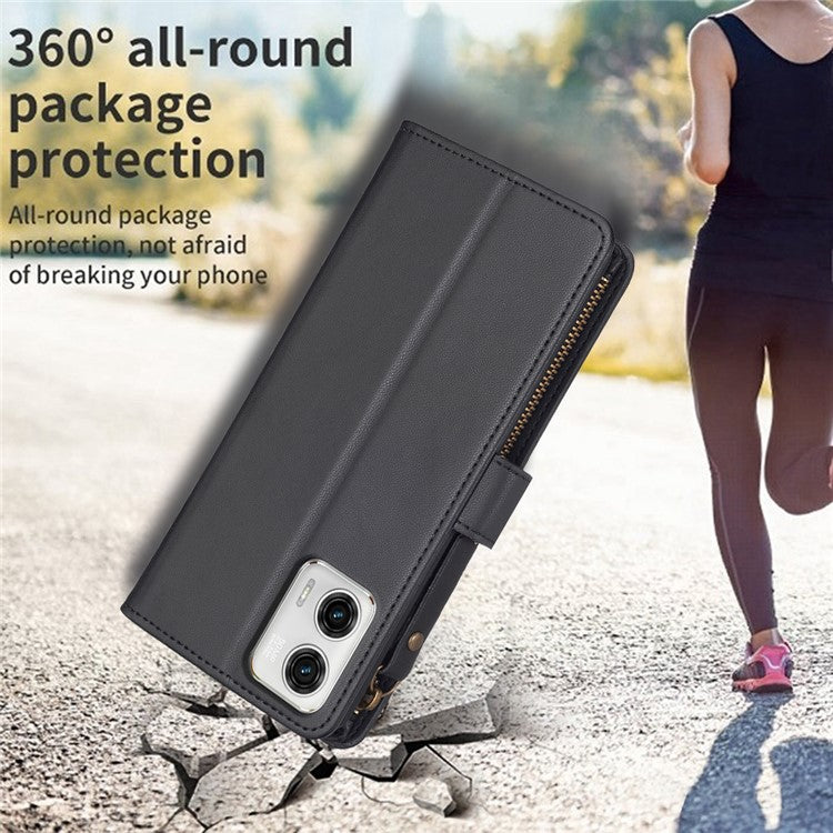 BF19 For Motorola Moto G73 5G Smartphone Case Anti-Scratch Shell PU Leather Wallet Stand Zippered Phone Cover - Black
