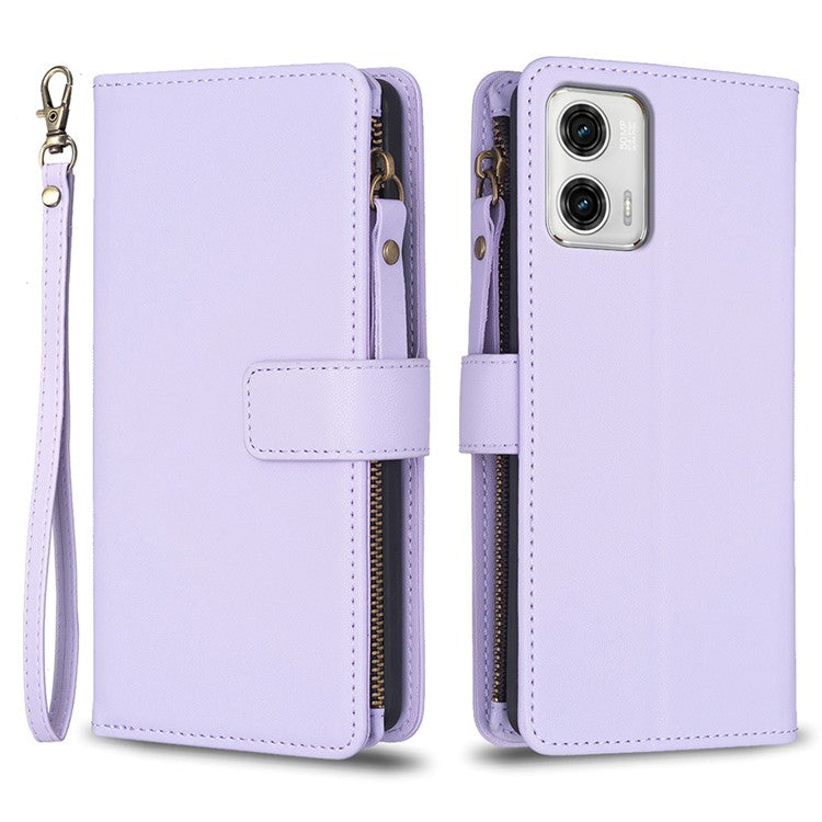 BF19 For Motorola Moto G73 5G Smartphone Case Anti-Scratch Shell PU Leather Wallet Stand Zippered Phone Cover - Purple