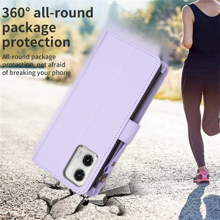 BF19 For Motorola Moto G73 5G Smartphone Case Anti-Scratch Shell PU Leather Wallet Stand Zippered Phone Cover - Purple