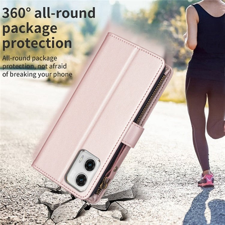 BF19 For Motorola Moto G73 5G Smartphone Case Anti-Scratch Shell PU Leather Wallet Stand Zippered Phone Cover - Rose Gold
