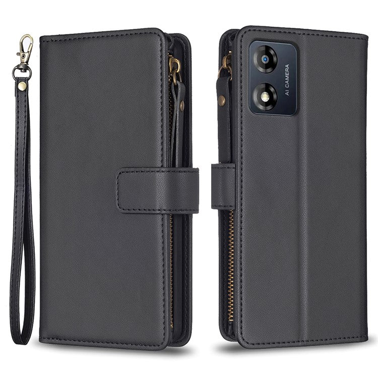 BF19 For Motorola Moto E13 4G Dustproof PU Leather Phone Shell Wallet Stand Zippered Phone Case Cover - Black