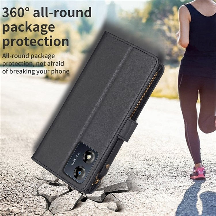 BF19 For Motorola Moto E13 4G Dustproof PU Leather Phone Shell Wallet Stand Zippered Phone Case Cover - Black