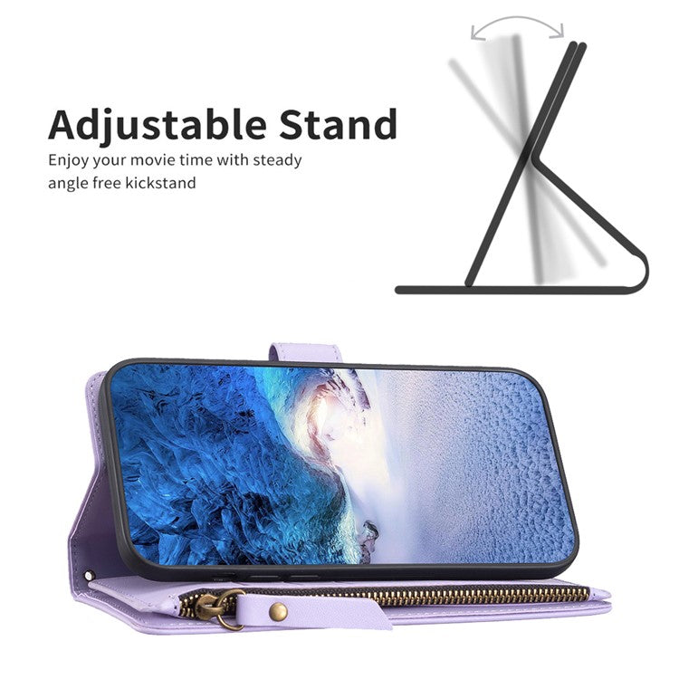 BF19 For Motorola Moto E13 4G Dustproof PU Leather Phone Shell Wallet Stand Zippered Phone Case Cover - Purple