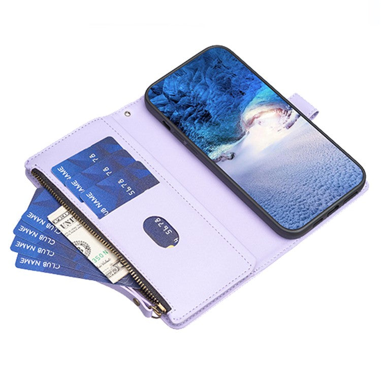 BF19 For Motorola Moto E13 4G Dustproof PU Leather Phone Shell Wallet Stand Zippered Phone Case Cover - Purple