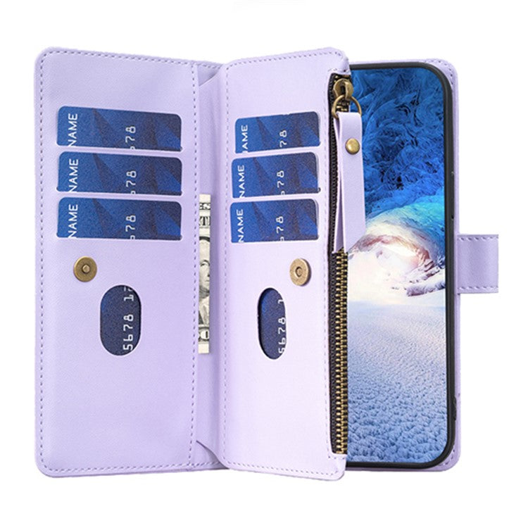 BF19 For Motorola Moto E13 4G Dustproof PU Leather Phone Shell Wallet Stand Zippered Phone Case Cover - Purple