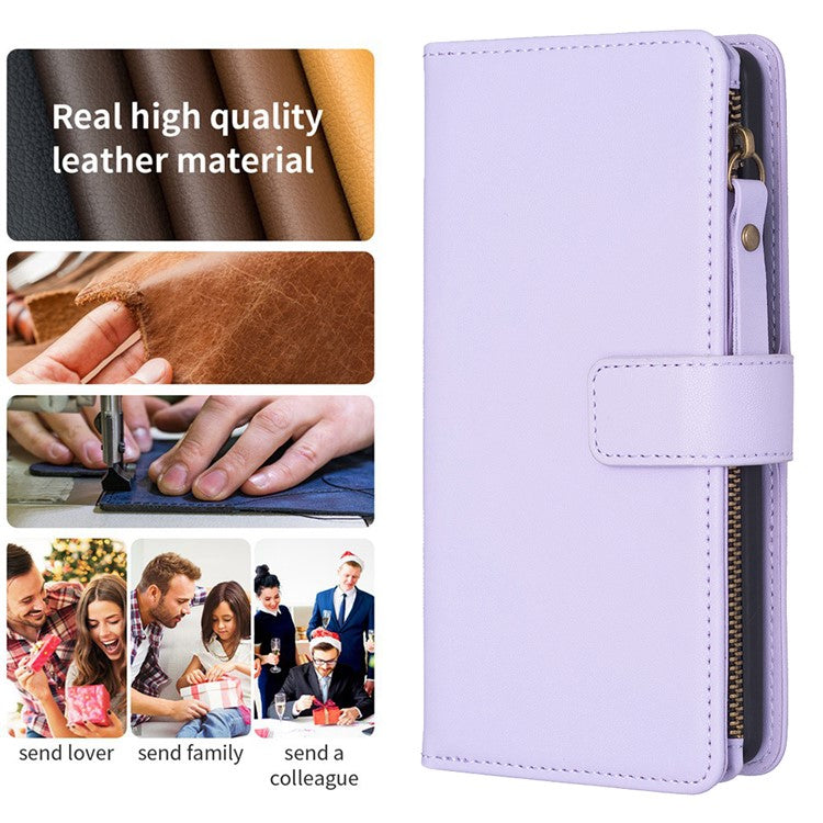 BF19 For Motorola Moto E13 4G Dustproof PU Leather Phone Shell Wallet Stand Zippered Phone Case Cover - Purple