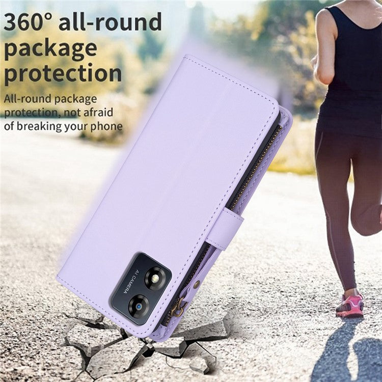 BF19 For Motorola Moto E13 4G Dustproof PU Leather Phone Shell Wallet Stand Zippered Phone Case Cover - Purple