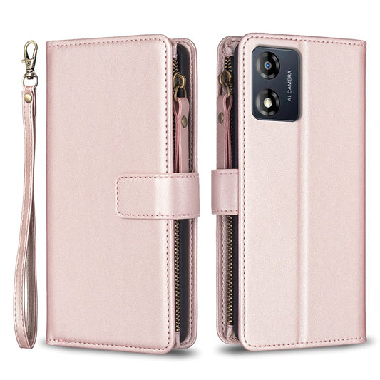 BF19 For Motorola Moto E13 4G Dustproof PU Leather Phone Shell Wallet Stand Zippered Phone Case Cover - Rose Gold