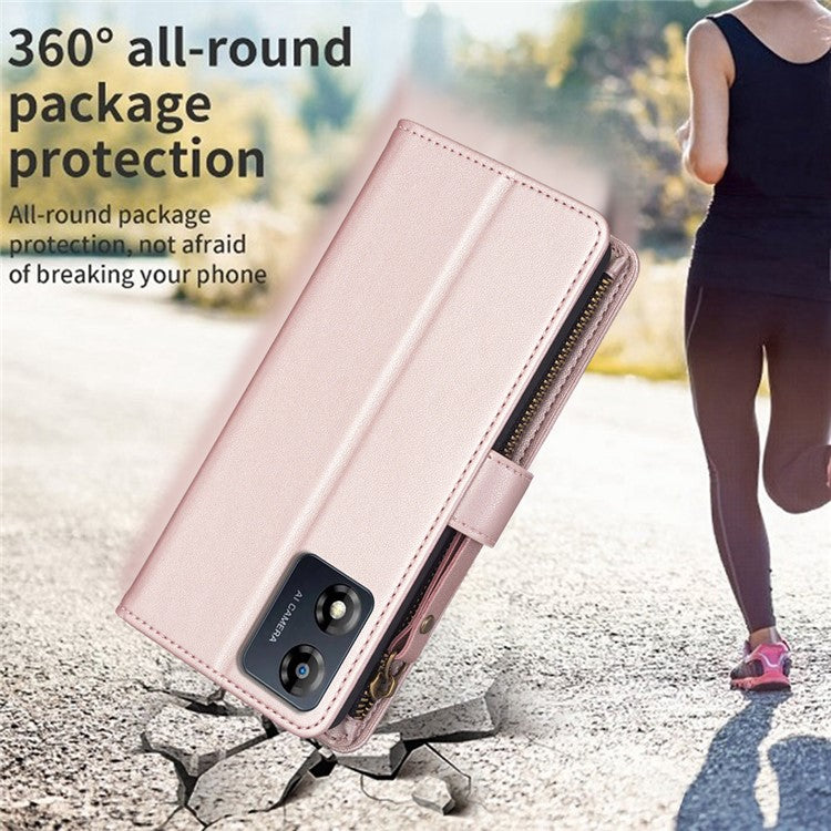 BF19 For Motorola Moto E13 4G Dustproof PU Leather Phone Shell Wallet Stand Zippered Phone Case Cover - Rose Gold