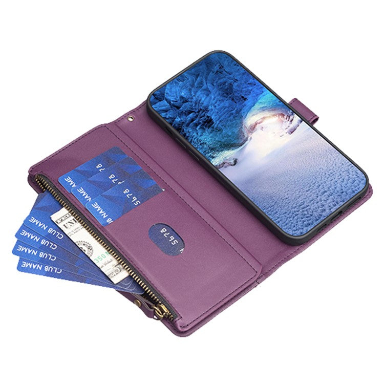 BF19 For Motorola Moto E13 4G Dustproof PU Leather Phone Shell Wallet Stand Zippered Phone Case Cover - Dark Purple