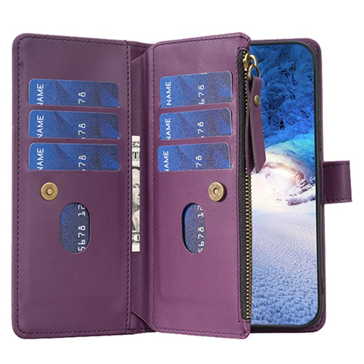 BF19 For Motorola Moto E13 4G Dustproof PU Leather Phone Shell Wallet Stand Zippered Phone Case Cover - Dark Purple