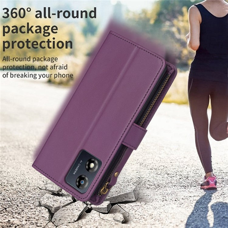 BF19 For Motorola Moto E13 4G Dustproof PU Leather Phone Shell Wallet Stand Zippered Phone Case Cover - Dark Purple