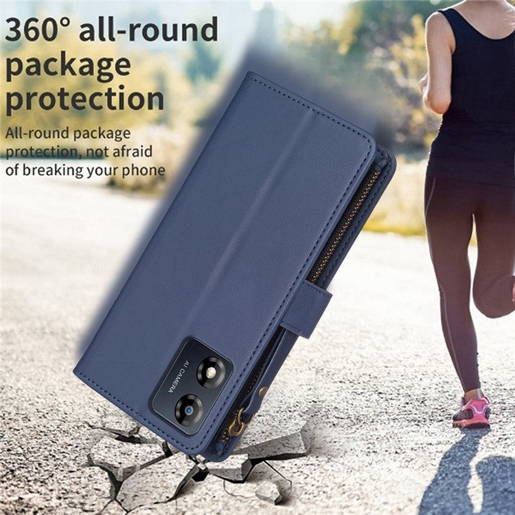 BF19 For Motorola Moto E13 4G Dustproof PU Leather Phone Shell Wallet Stand Zippered Phone Case Cover - Blue