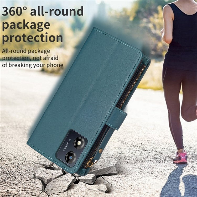 BF19 For Motorola Moto E13 4G Dustproof PU Leather Phone Shell Wallet Stand Zippered Phone Case Cover - Green