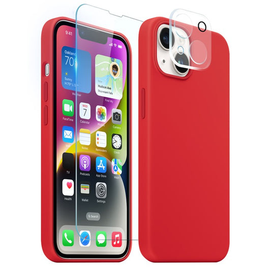 NORTHJO For iPhone 14 Magnetic Silicone Phone Case Compatible with Magsafe with Tempered Glass Film+Camera Lens Protector - Red