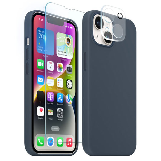NORTHJO For iPhone 14 Plus Soft Touch Silicone Magnetic Phone Case with Tempered Glass Film+Camera Lens Protector - Blue
