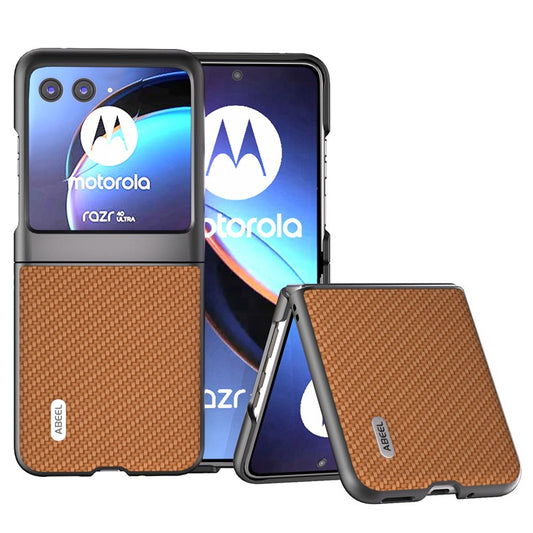 ABEEL For Motorola Razr 40 Ultra 5G PU Leather Coated PC Case Carbon Fiber Texture Protective Phone Cover - Light Brown