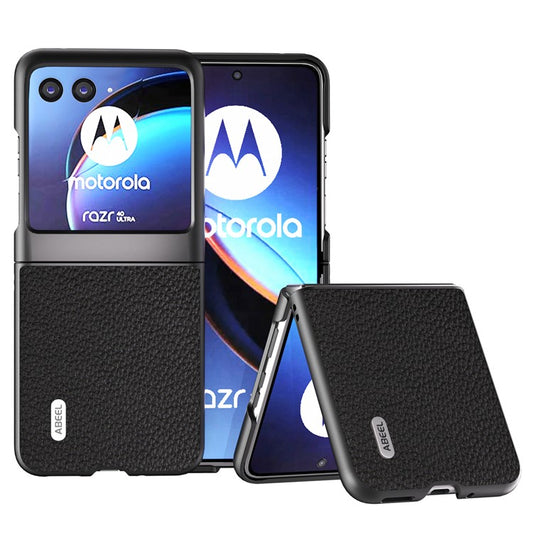 ABEEL For Motorola Razr 40 Ultra 5G Cowhide Leather Coated PC Phone Case Litchi Texture Phone Cover - Black