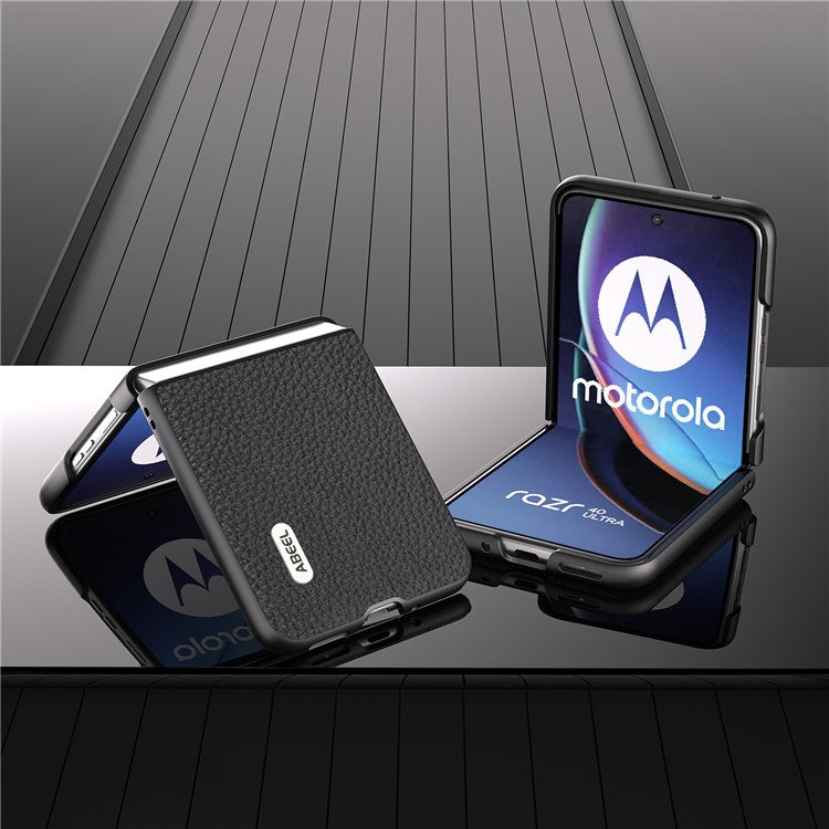ABEEL For Motorola Razr 40 Ultra 5G Cowhide Leather Coated PC Phone Case Litchi Texture Phone Cover - Black