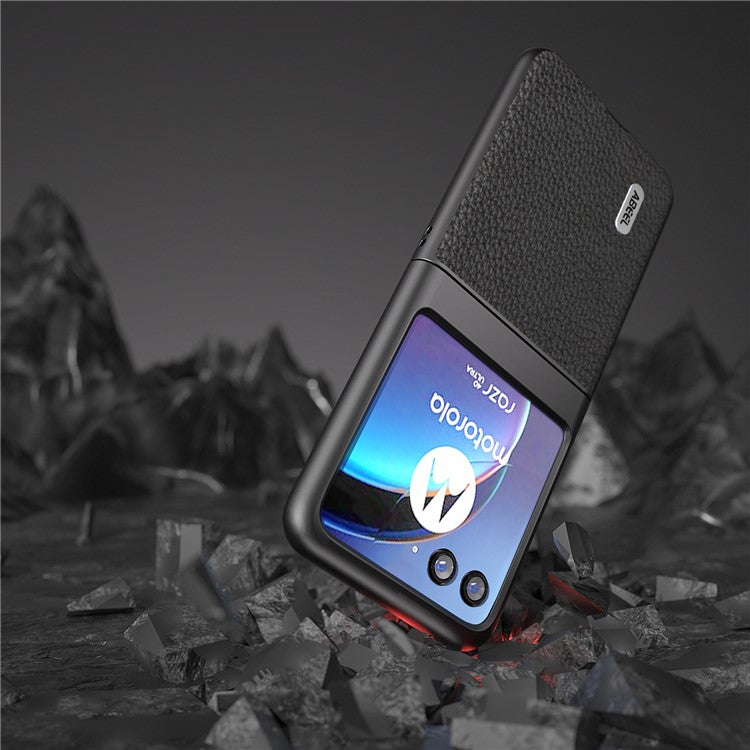 ABEEL For Motorola Razr 40 Ultra 5G Cowhide Leather Coated PC Phone Case Litchi Texture Phone Cover - Black