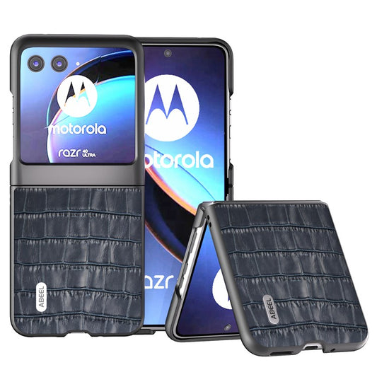 ABEEL For Motorola Razr 40 Ultra 5G Phone Case Genuine Cow Leather Crocodile Texture Slim Phone Cover - Blue