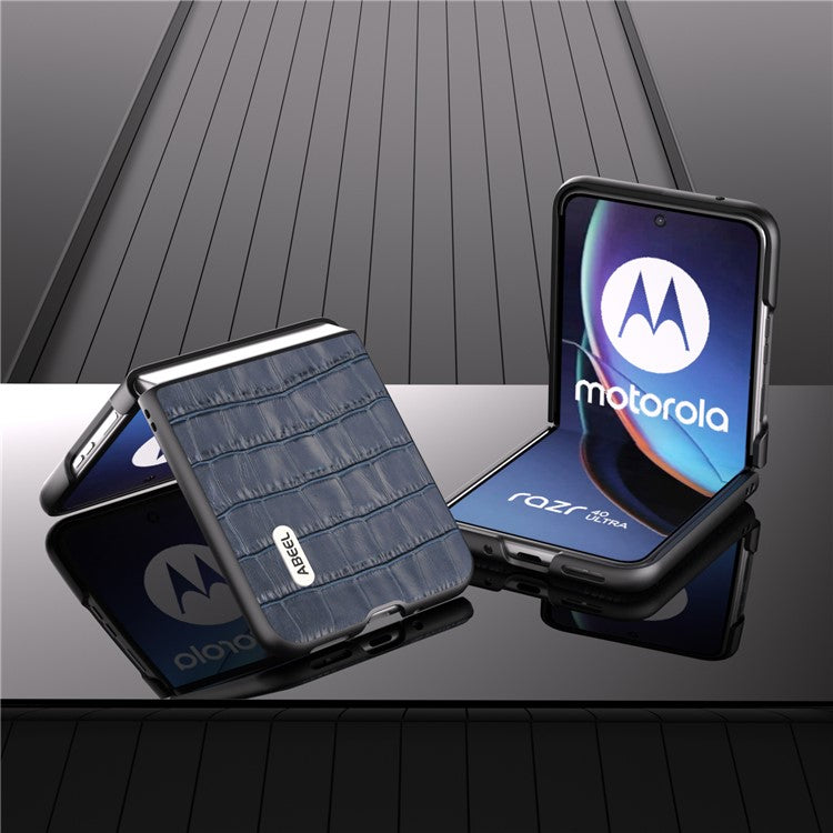 ABEEL For Motorola Razr 40 Ultra 5G Phone Case Genuine Cow Leather Crocodile Texture Slim Phone Cover - Blue