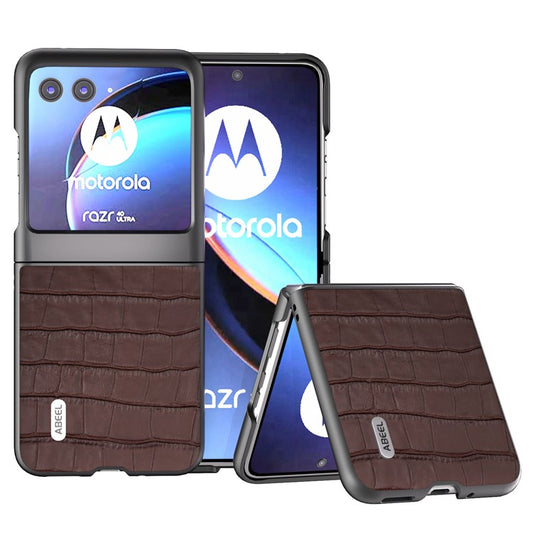 ABEEL For Motorola Razr 40 Ultra 5G Phone Case Genuine Cow Leather Crocodile Texture Slim Phone Cover - Brown