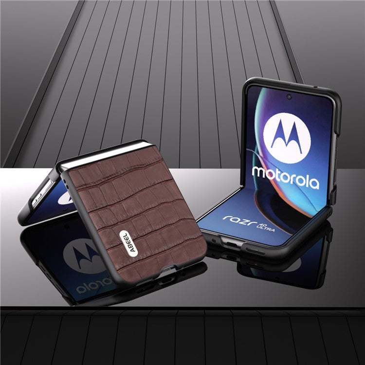 ABEEL For Motorola Razr 40 Ultra 5G Phone Case Genuine Cow Leather Crocodile Texture Slim Phone Cover - Brown