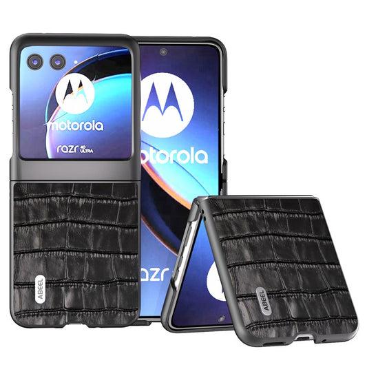 ABEEL For Motorola Razr 40 Ultra 5G Phone Case Genuine Cow Leather Crocodile Texture Slim Phone Cover - Black