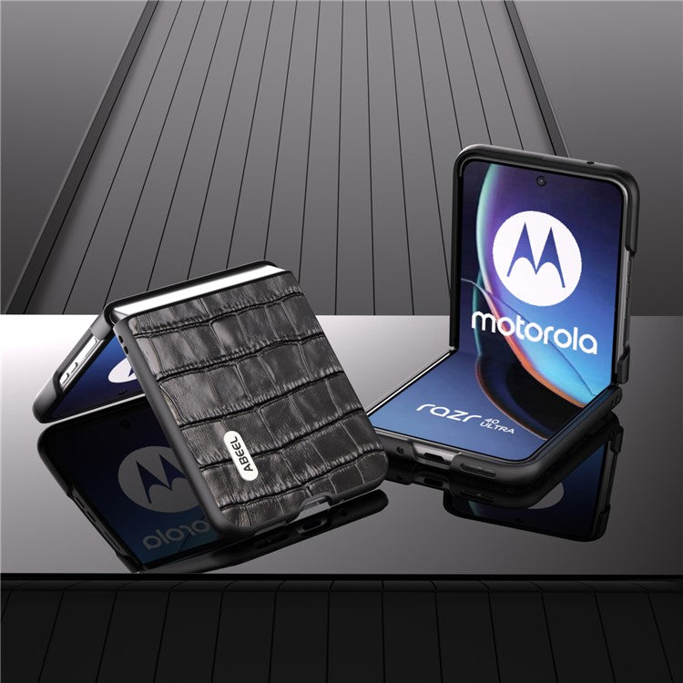 ABEEL For Motorola Razr 40 Ultra 5G Phone Case Genuine Cow Leather Crocodile Texture Slim Phone Cover - Black