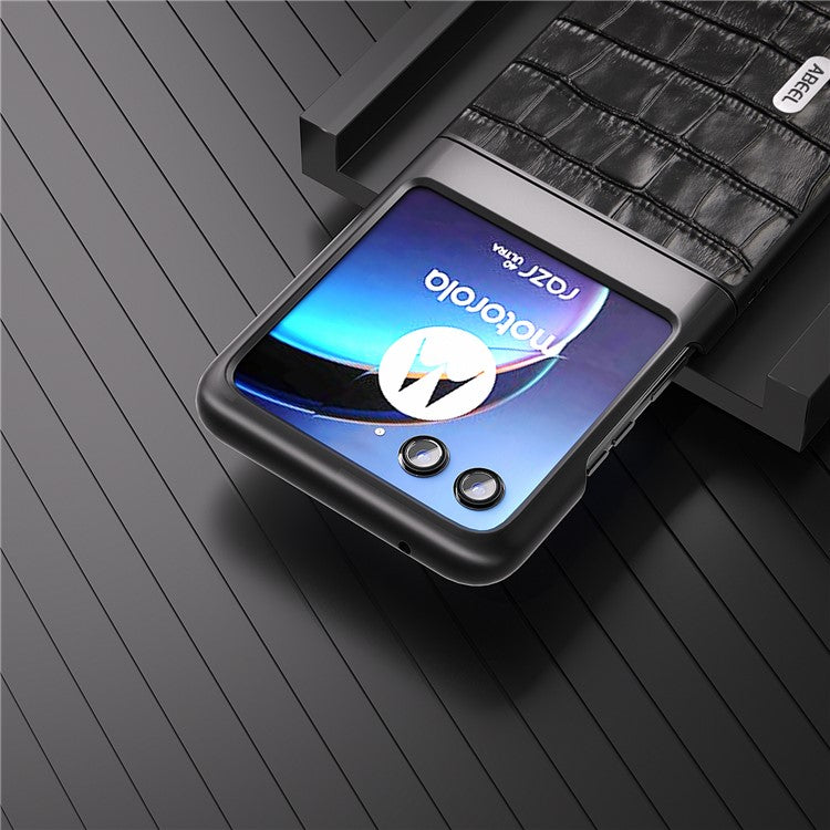 ABEEL For Motorola Razr 40 Ultra 5G Phone Case Genuine Cow Leather Crocodile Texture Slim Phone Cover - Black
