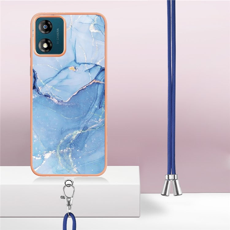 YB IMD Series-18 Style E for Motorola Moto E13 4G Marble Pattern Phone Case 2.0mm TPU Shockproof Cover with Lanyard - Blue