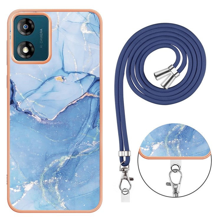 YB IMD Series-18 Style E for Motorola Moto E13 4G Marble Pattern Phone Case 2.0mm TPU Shockproof Cover with Lanyard - Blue
