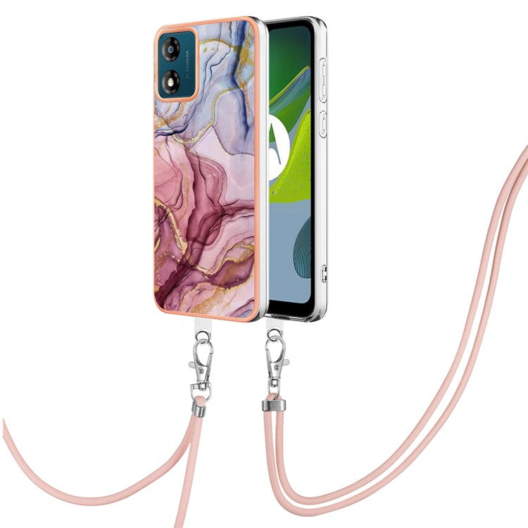 YB IMD Series-18 Style E for Motorola Moto E13 4G Marble Pattern Phone Case 2.0mm TPU Shockproof Cover with Lanyard - Rose Gold