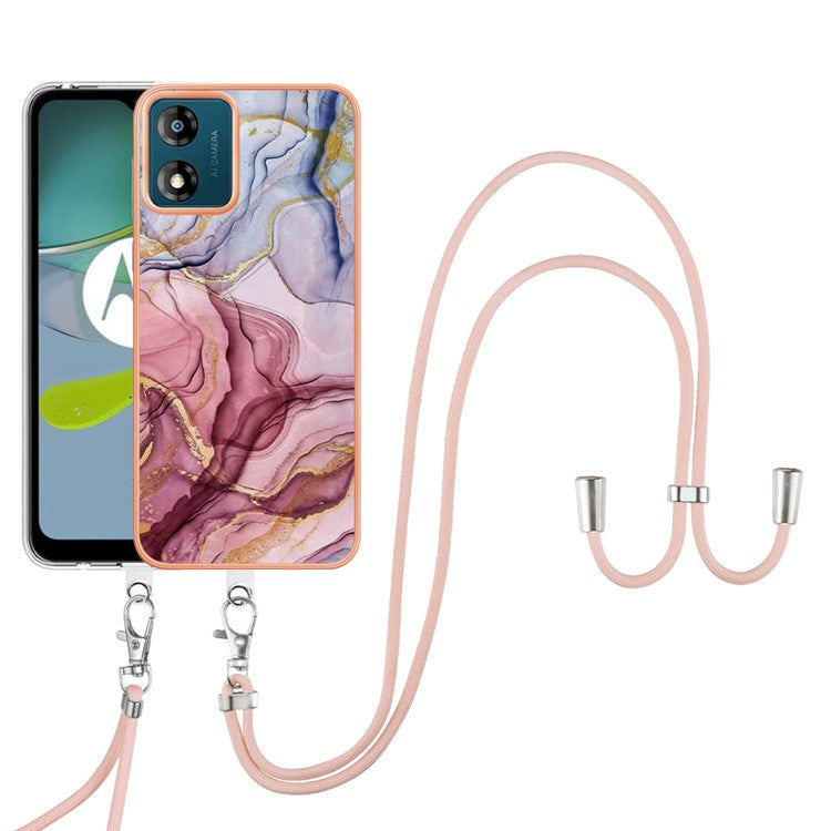 YB IMD Series-18 Style E for Motorola Moto E13 4G Marble Pattern Phone Case 2.0mm TPU Shockproof Cover with Lanyard - Rose Gold