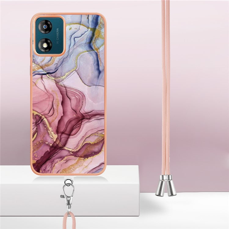YB IMD Series-18 Style E for Motorola Moto E13 4G Marble Pattern Phone Case 2.0mm TPU Shockproof Cover with Lanyard - Rose Gold