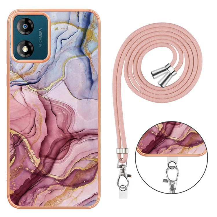 YB IMD Series-18 Style E for Motorola Moto E13 4G Marble Pattern Phone Case 2.0mm TPU Shockproof Cover with Lanyard - Rose Gold
