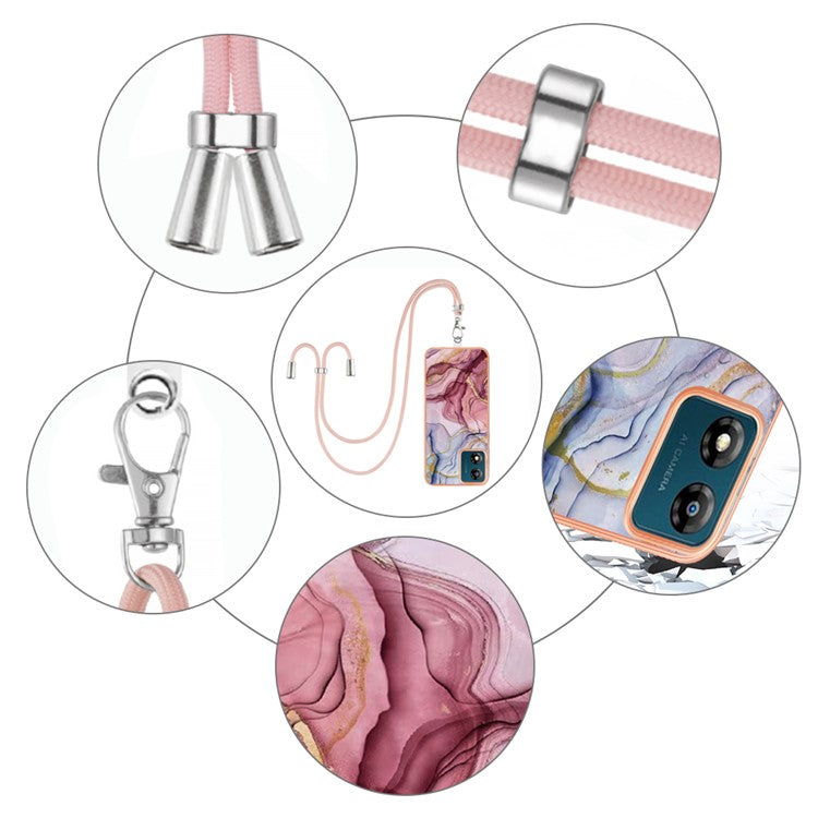 YB IMD Series-18 Style E for Motorola Moto E13 4G Marble Pattern Phone Case 2.0mm TPU Shockproof Cover with Lanyard - Rose Gold
